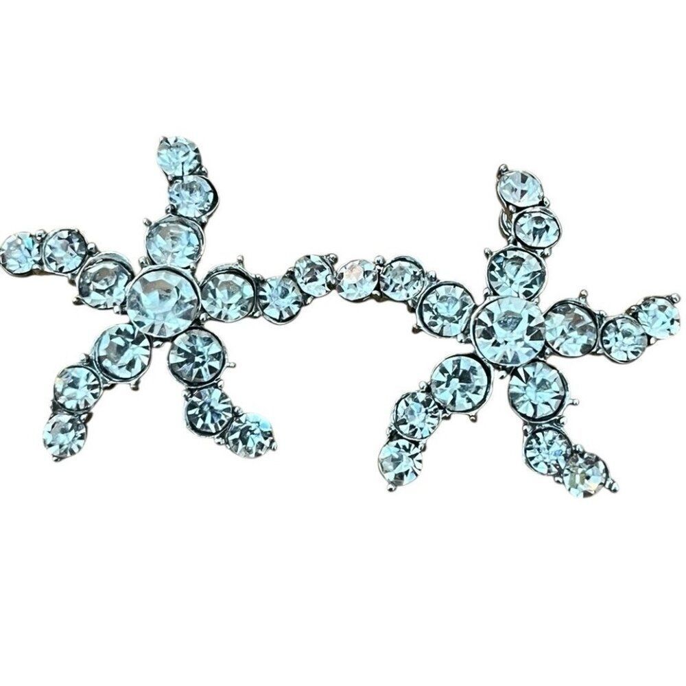 Vtg Star Starfish Pierced Earrings Round Faceted Rhinestones Studs Silvertone